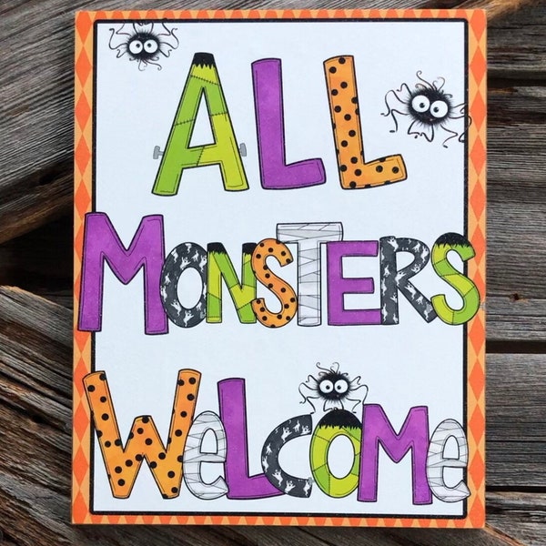 All Monsters Welcome, Halloween Sign, Halloween Decor, Halloween Wall Art