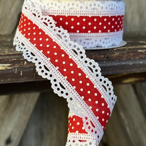 10 Yards, Scallop Lace Red White  Ribbon
