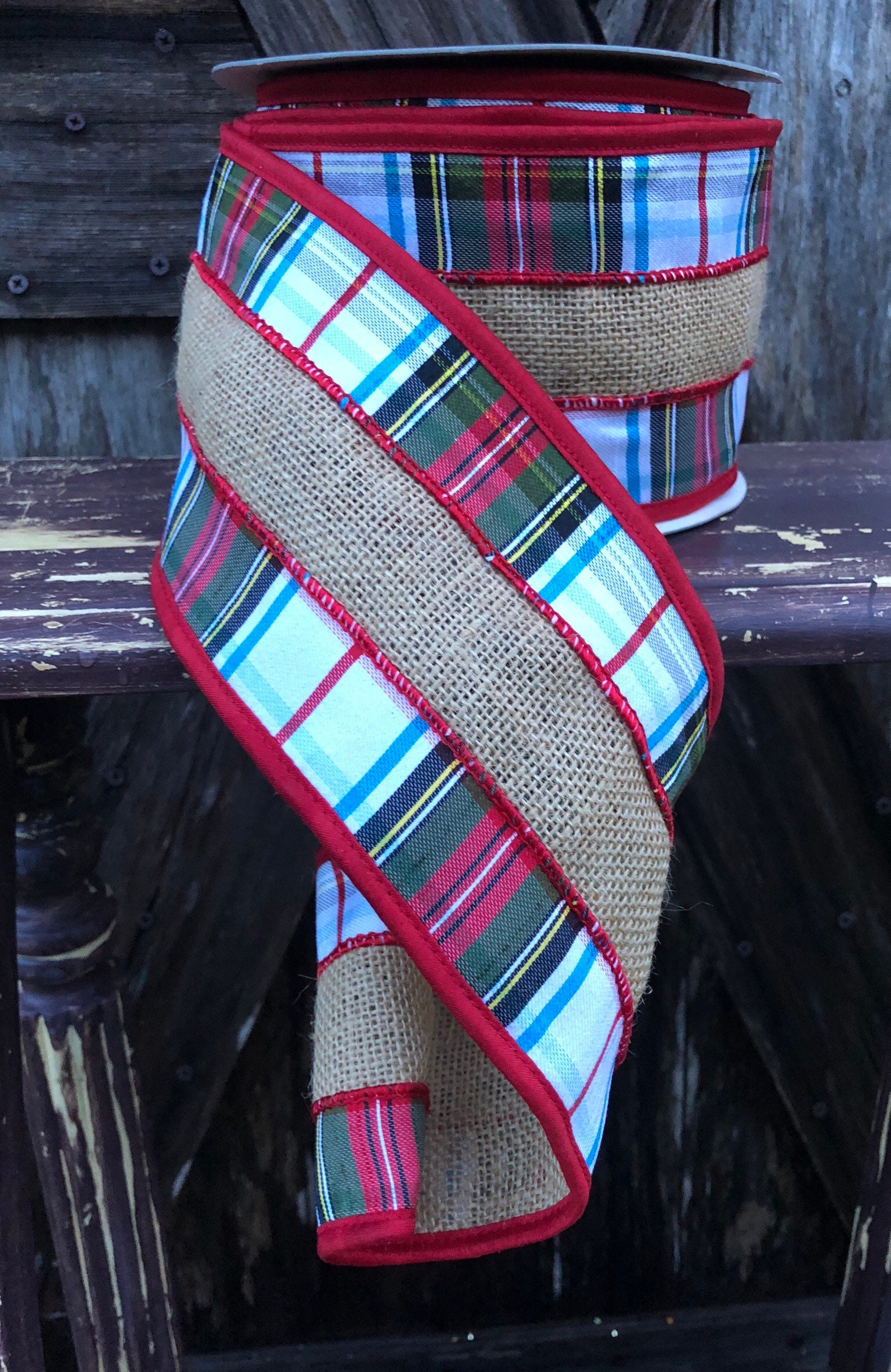 Wired Ribbon ~ 4 Inch Ribbon ~ Christmas Burlap Plaid Ribbon ~ 3 Yards