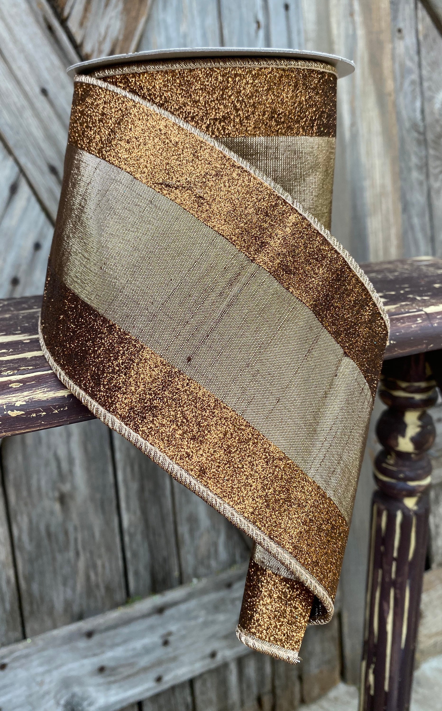 Wired Ribbon 4 Inch Ribbon Glitter Candy Mocha Ribbon 10 Yards