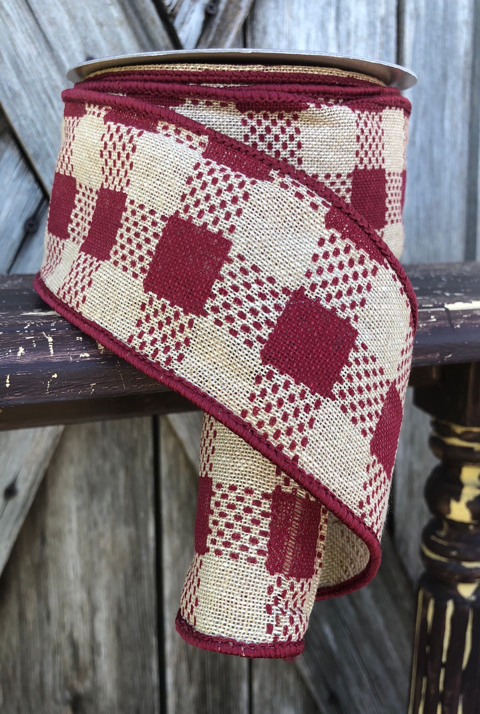 Wired Ribbon 2 1/2 Inch Ribbon Burgundy and Burlap Ribbon 3 Yards