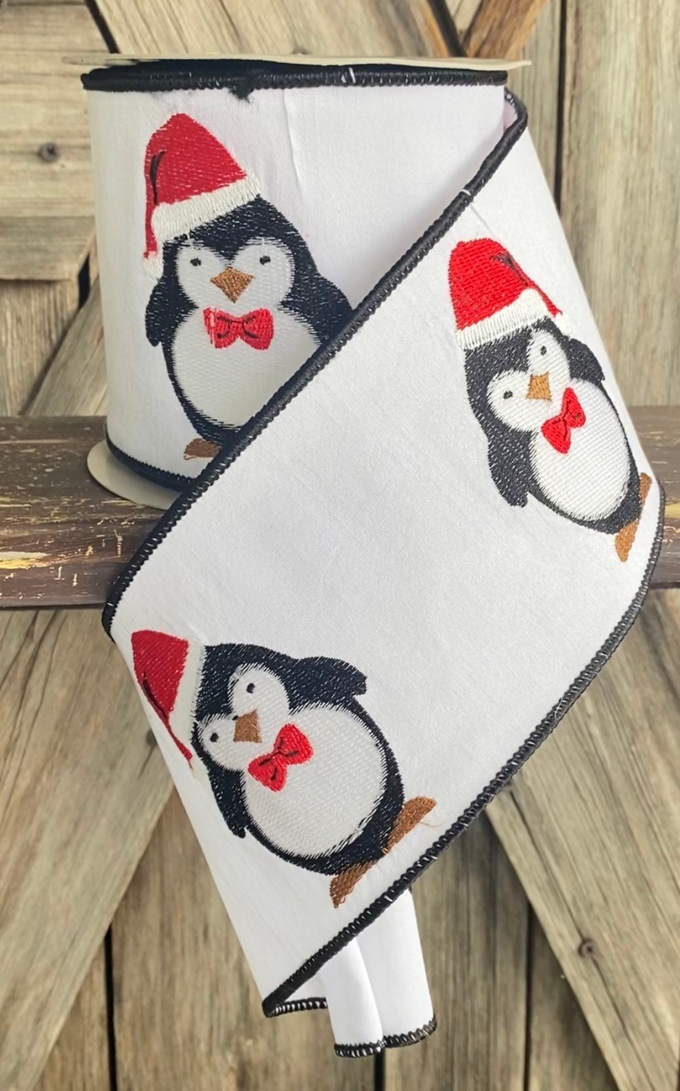 10 Yards, Penguin Wired Ribbon, Ribbon Christmas Glitter Plaid