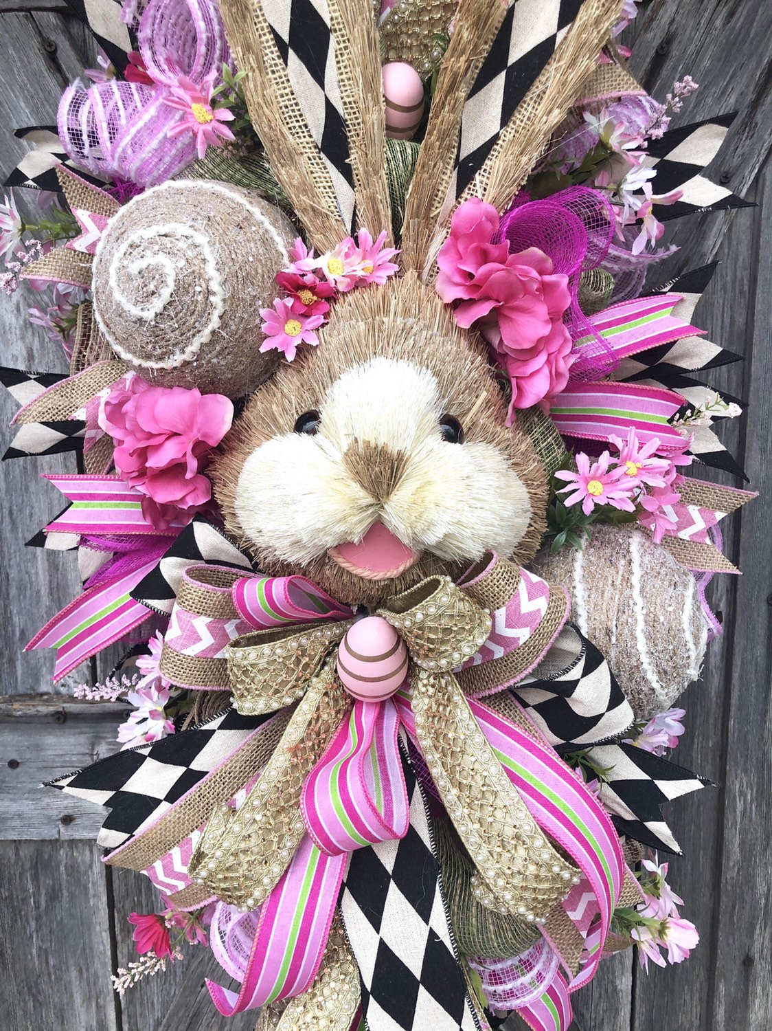Pink Bunny Wreath, Easter Swag, Spring Wreath, Rustic Easter Swag