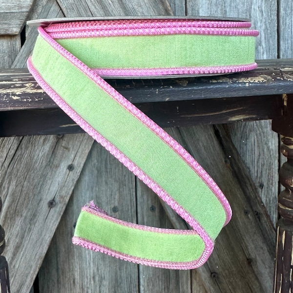 1 Inch Mint Green Pink Trim Wired Ribbon