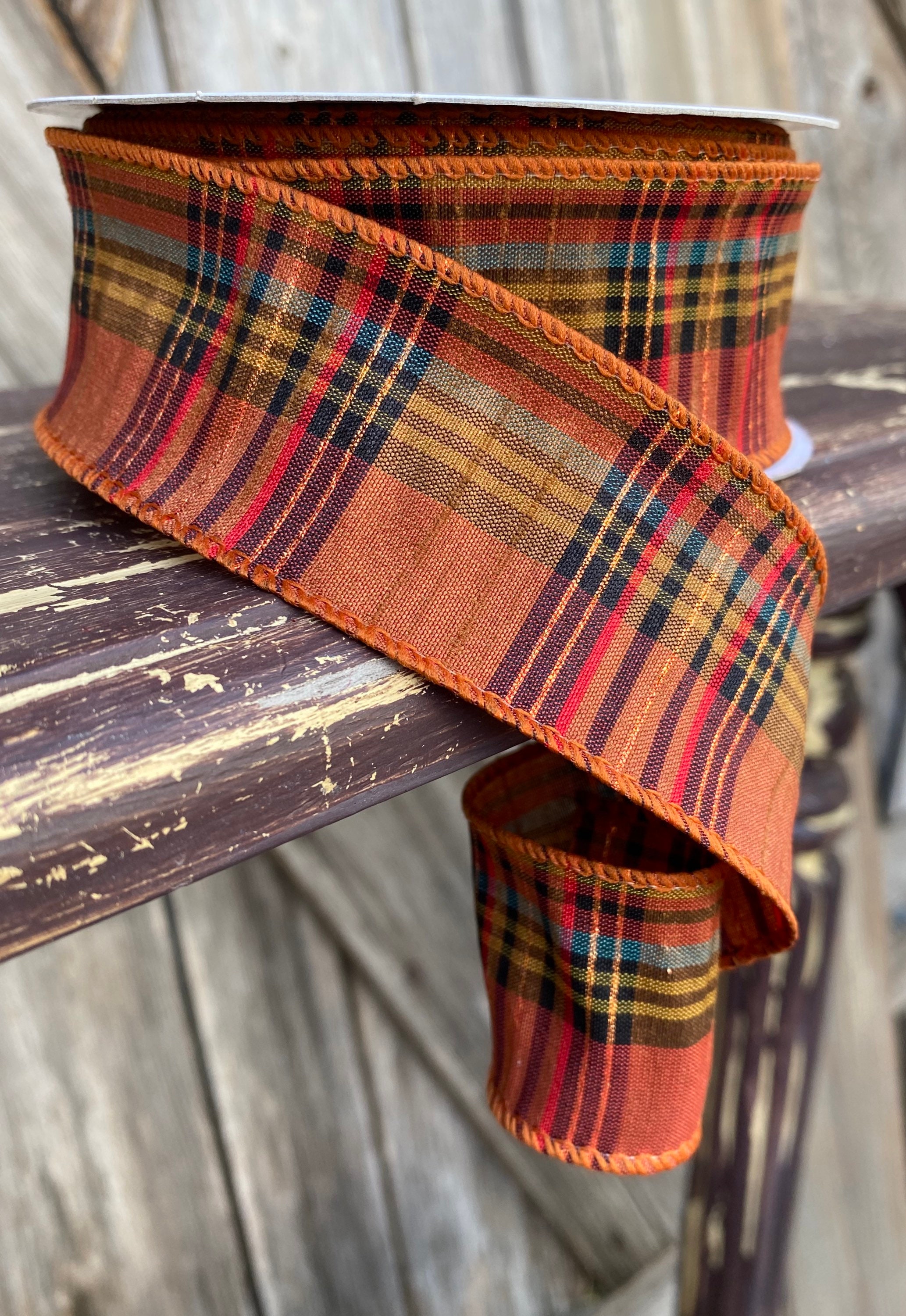 20 Yards, Wired Ribbon, Fall Plaid Threading