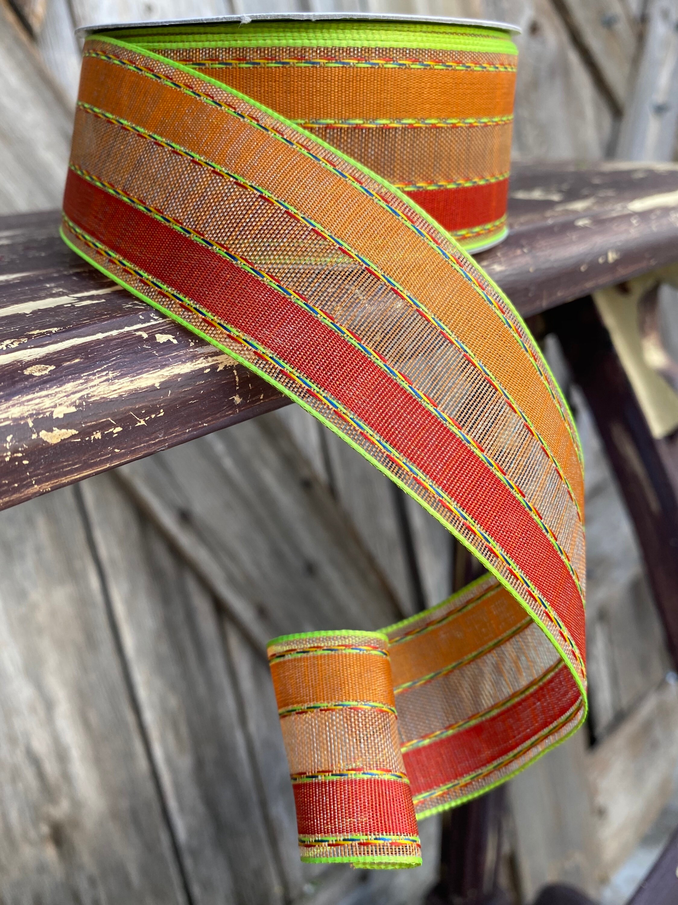 25 Yards, Wired Ribbon, Fall Stripe with Green Threading