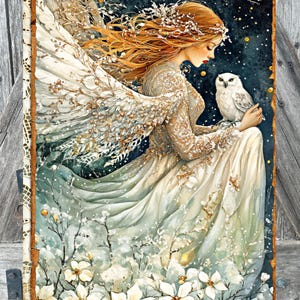 May include: A woman with long, flowing blonde hair and a white dress is holding a white owl in her arms. She is surrounded by a snowy forest with white flowers. The background is a dark blue sky with white snowflakes.