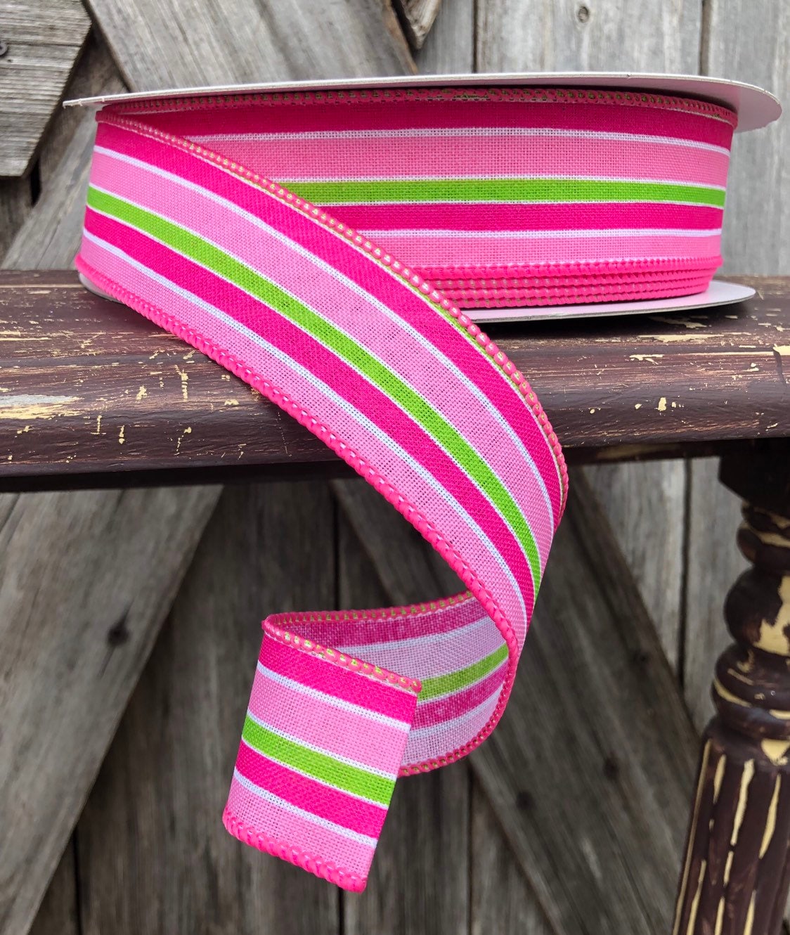 Wired Ribbon 1 1/2 Inch Ribbon Pink & Green Spring Stripe Ribbon 50