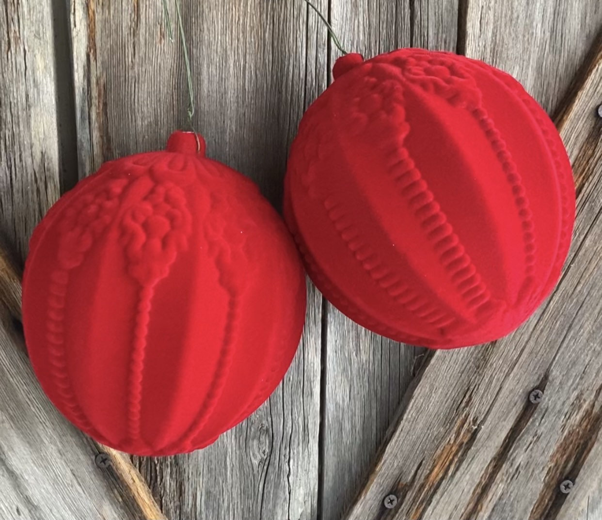 Set of Large Red Flocked Ornaments