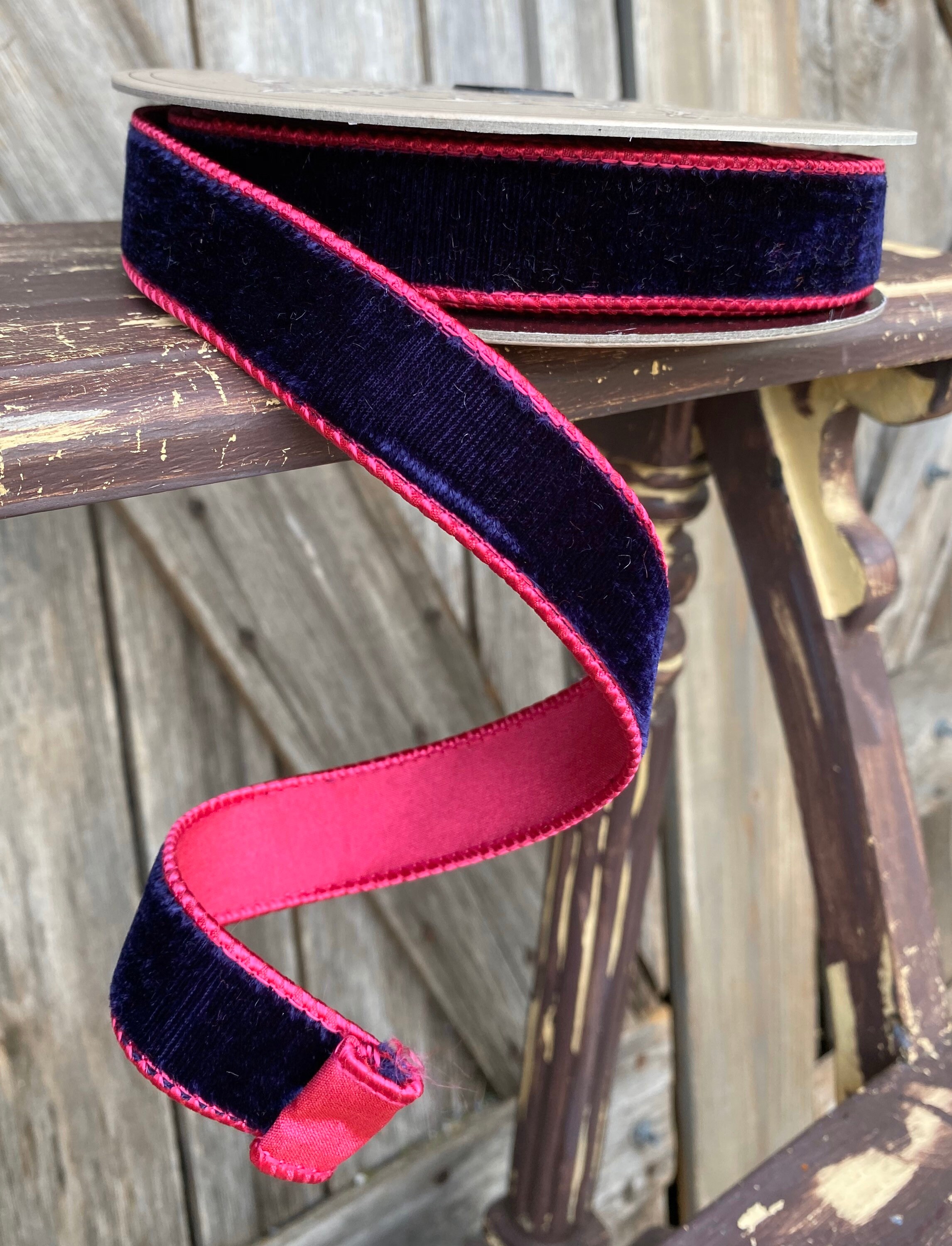 Wired Ribbon 1 Inch Ribbon Hot Pink Navy Velvet 10 Yards