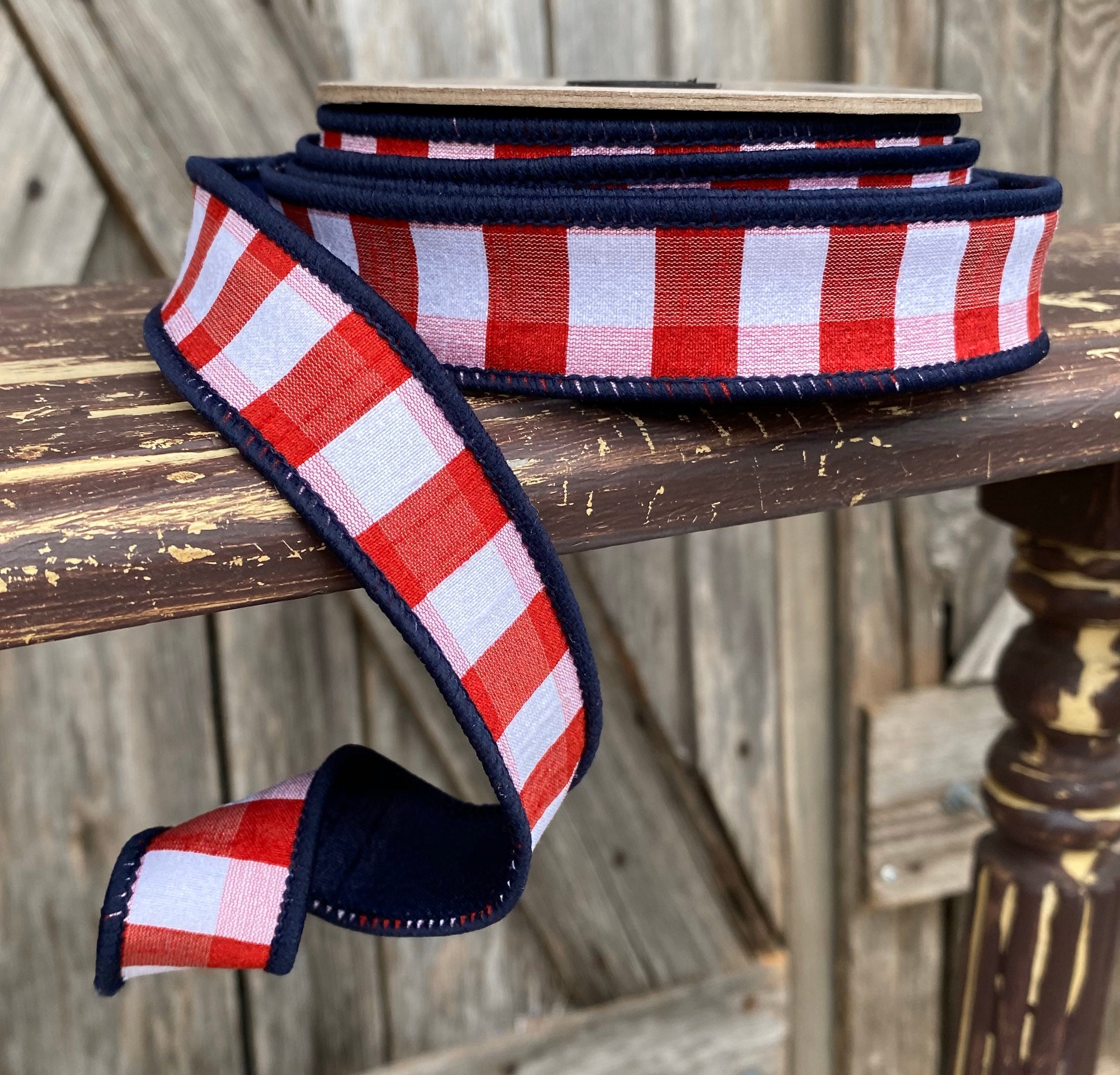Wired Ribbon ~ 1 Inch Ribbon ~ Red, White, Blue Check ~ 10Yards