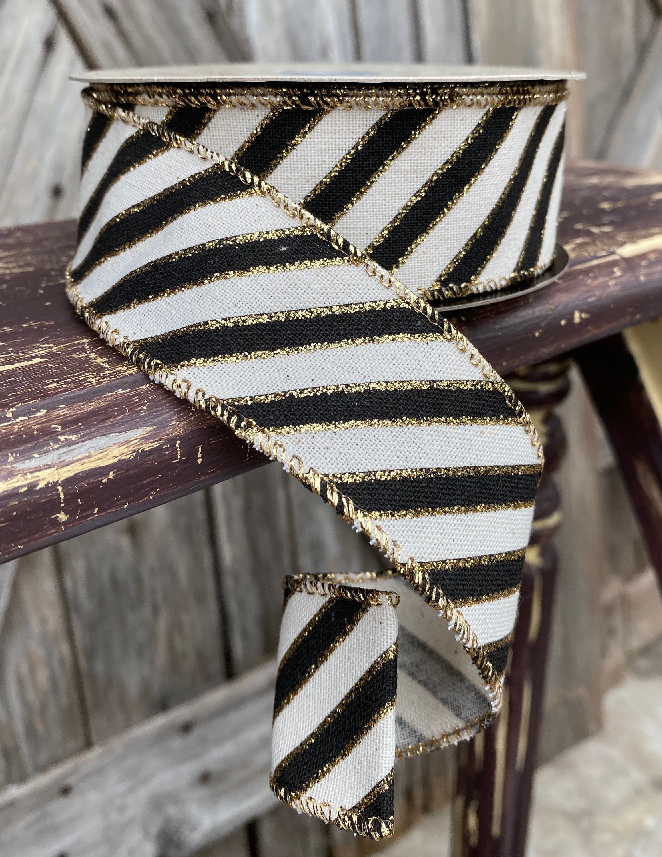10 Yards, Wired Ribbon, Gold Black Diagonal Stripe