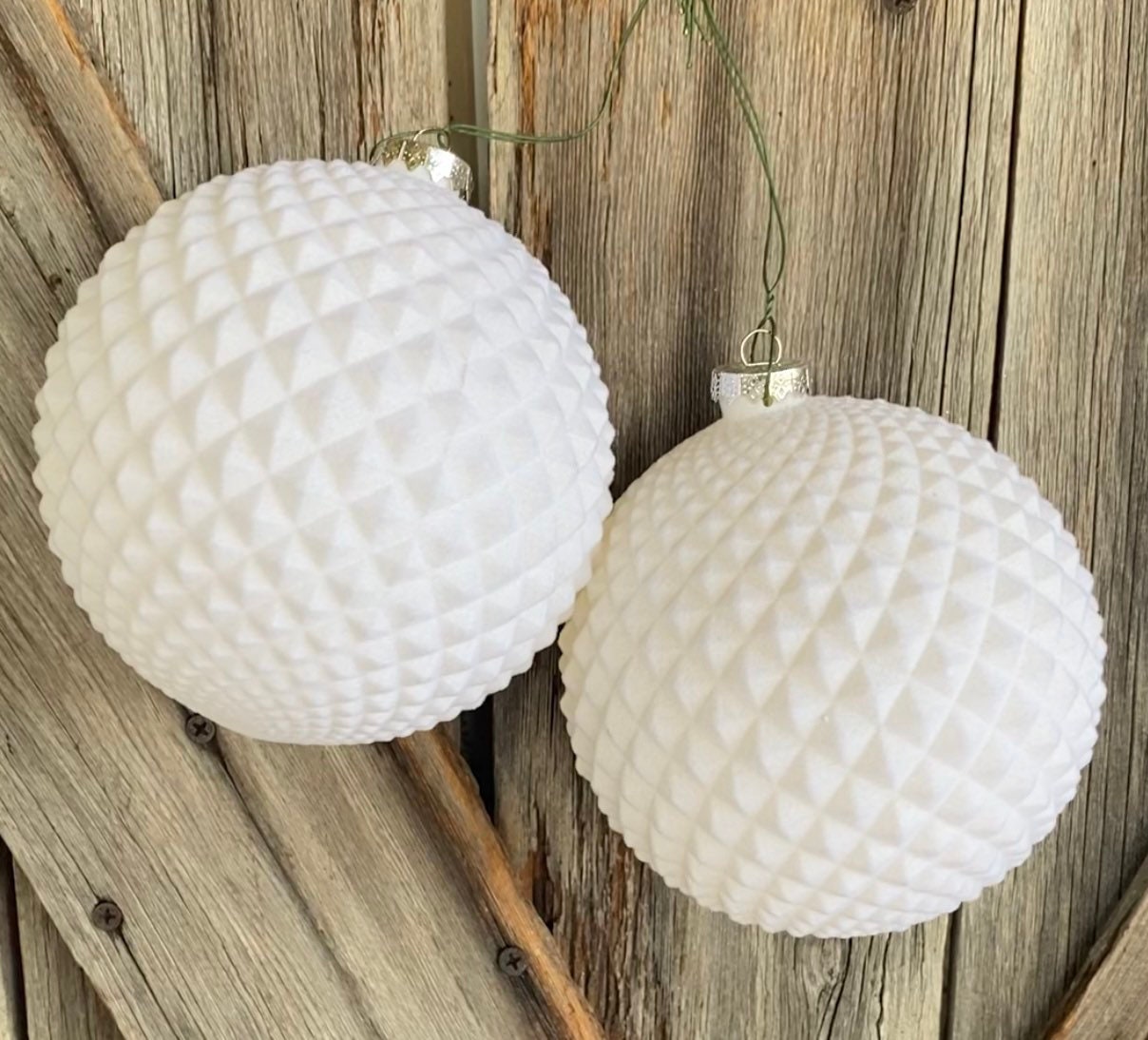 Set of Large White Flocked Ornaments