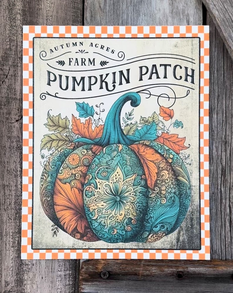 Pumpkin Patch Orange and Teal, Autumn Sign, Autumn Decor, Autumn Wall Art bild 1