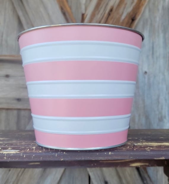 Pink White Metal Bucket 7 Inches