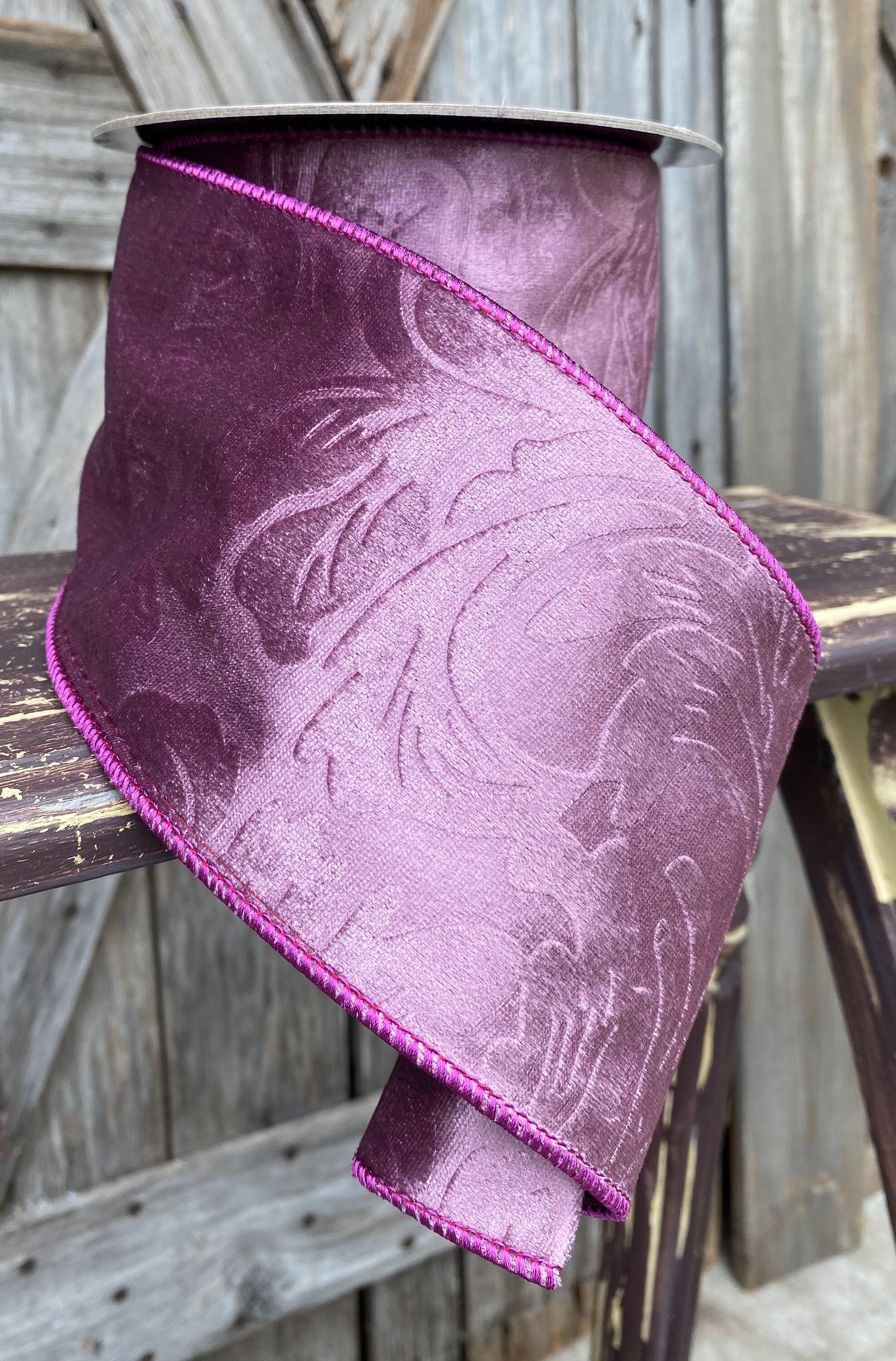 10 Yards, Wired Ribbon, Embossed Mauve Velvet