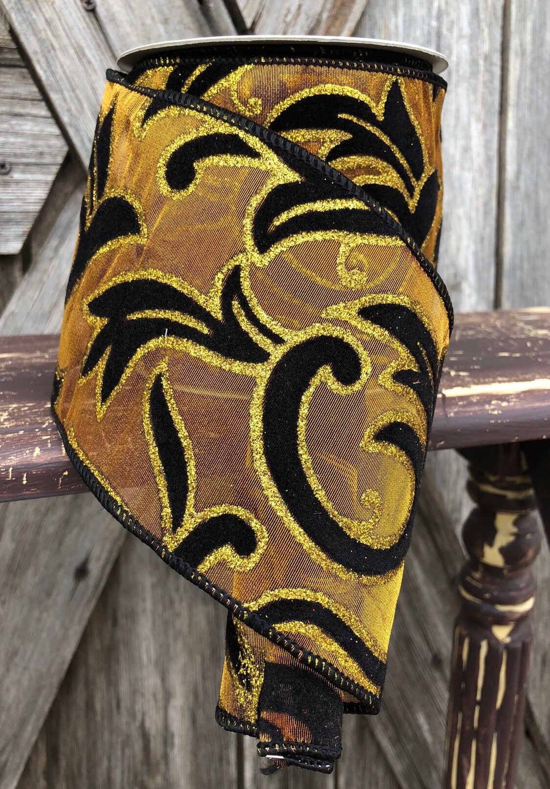 Wired Ribbon 4 Inch Ribbon Gold and Black 3 Yards