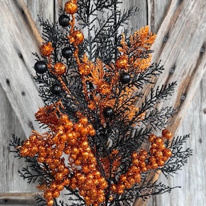 May include: A decorative Halloween floral stem featuring black and orange elements. The stem has black branches with orange berries and glittery orange accents. The background is a weathered wooden door.