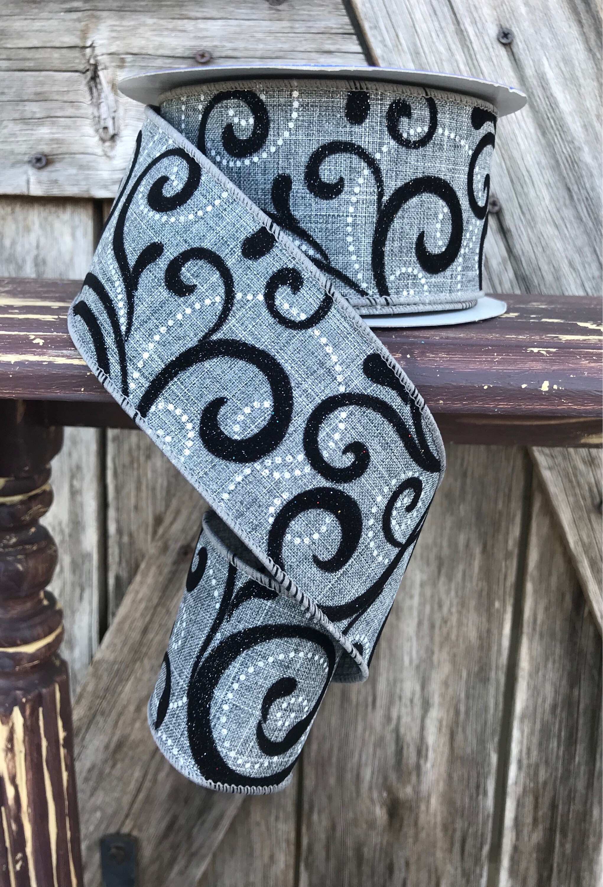 Wired Ribbon ~ 2 1/2 Inch Ribbon ~ Black and Gray Ribbon ~ 3 Yards