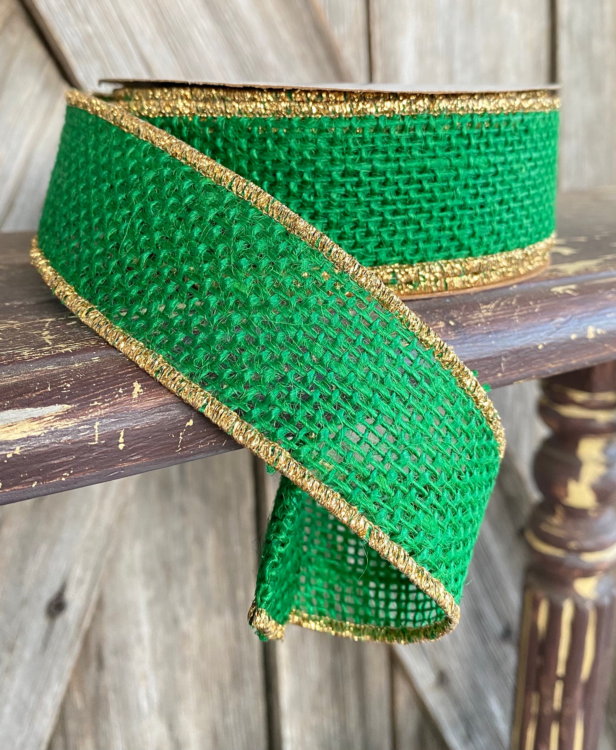 Wired Ribbon 1.5 Inch Ribbon Emerald Burlap with Gold Edge 10Yards