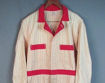 Vintage 1950s Big Smith Denim HBT Work Coveralls Sanforized Pinstripes Ivory/Red workwear