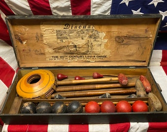 Vintage 1890s Discus Croquet Lawn Game Antique Wood Case FAO Schwarz NYC Rare!