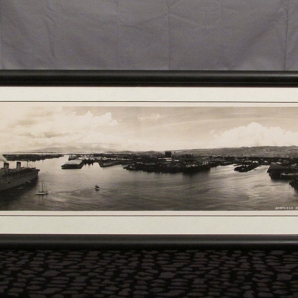 Vintage 1940s Honolulu Harbor Hawaii Panoramic Photograph Antique SS Monterey Hawaiiana Dancy