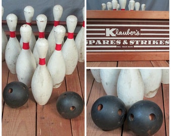Vintage Antique Bowling Game Klaubers Spares & Strikes Wood Balls 10 Pins Rare!