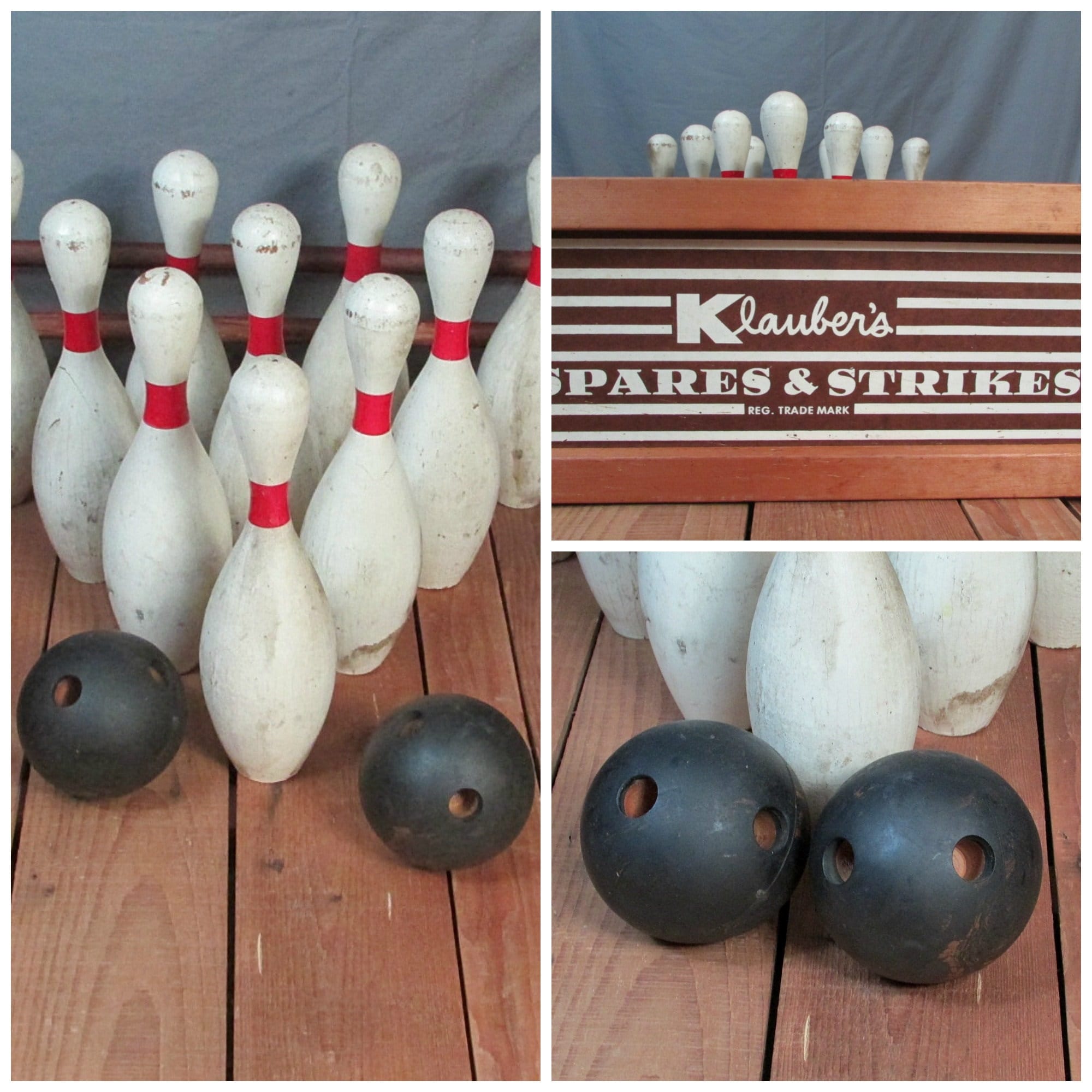 10 DUCK PINS 2 DUCK BOWLING BALLS VINTAGE REAL 1930'S
