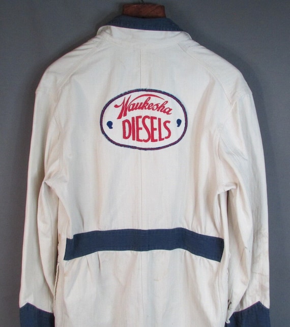 Vintage 1940s Waukesha Motor Co.Denim HBT Shop Coat Work Jacket Diesel Backpatch