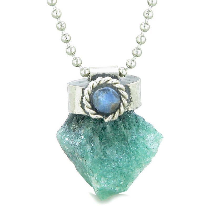 Handcrafted Free Form Rough Green Quartz and Sodalite Cabochon Amulet Pendant Necklace
