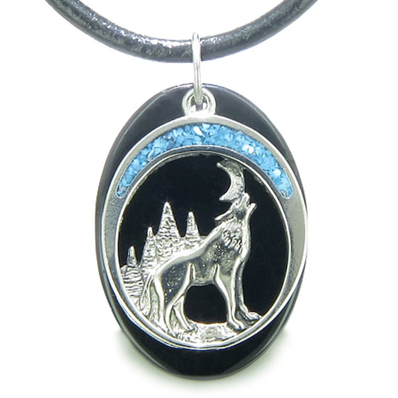 Howling Wolf Moon Amulet Good Luck Powers Moss Agate Gemstone Leather Pendant Necklace