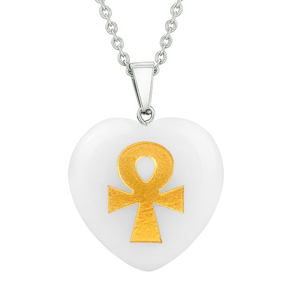 Heart Amulets Ankh Egyptian Powers of Life Love Couples Best Friends Set Agate White Quartz Necklaces