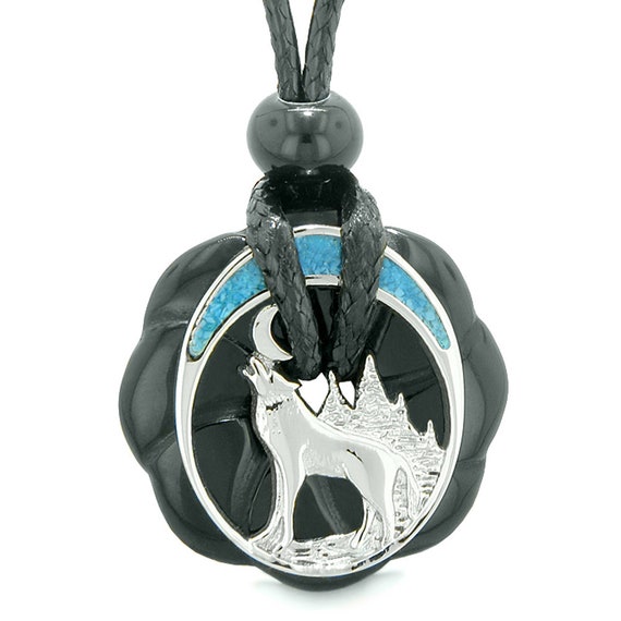 Amulet Howling Wolf Moon Green Quartz White Simulated Cats Eye Pendant 22 Inch Necklace