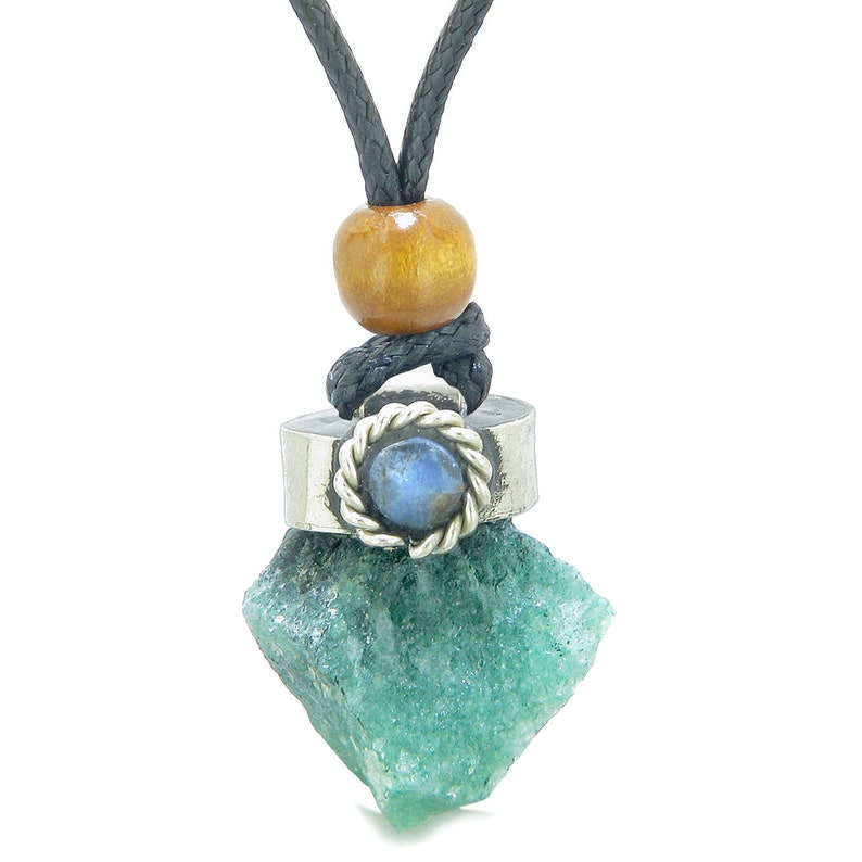 Handcrafted Free Form Rough Green Quartz and Sodalite Cabochon Amulet Pendant Necklace