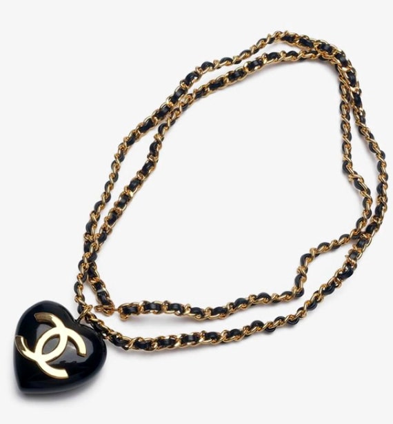 CHANEL heart belt or necklace gold chain black lea
