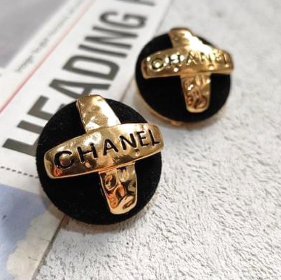 vintage CHANEL earrings | Black velvet and gold CC