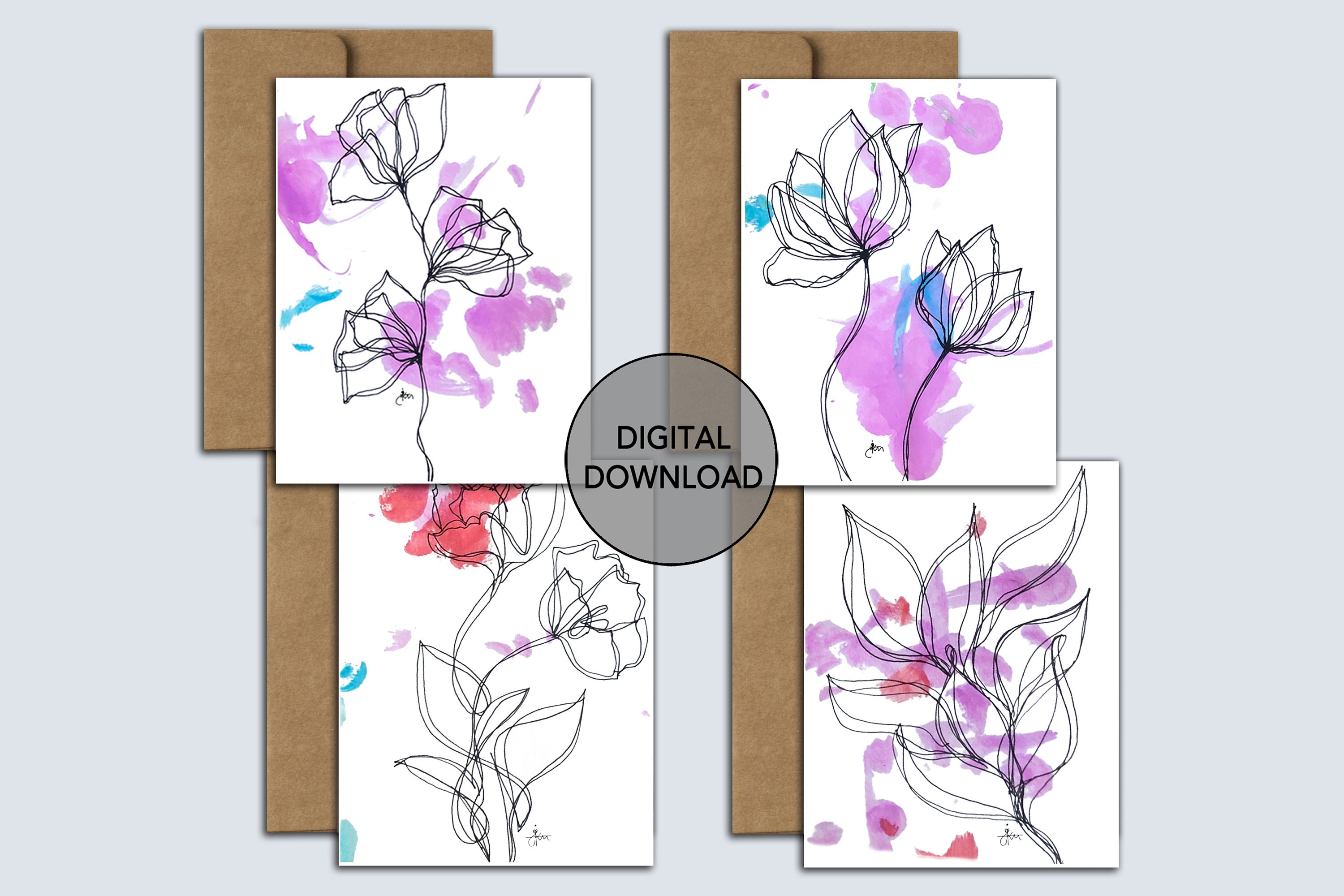 Digital Botanical Hand Drawn and Hand Painted Cards Set of 4 Blank ...