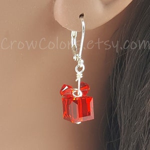 Gift of love earrings - handmade with scarlet red high quality crystal cubes, box & bow, wrapped present, romantic gift, ruby garnet color