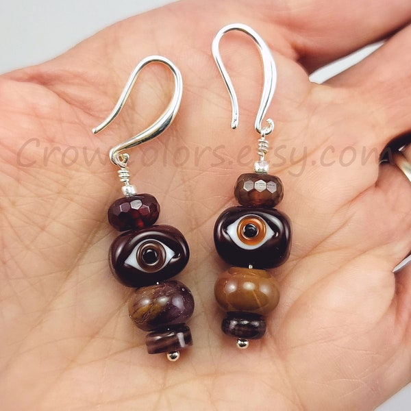 Mismatched fall earrings - made with SRA lampwork glass, agate, and shell beads. Evil eye motif and autumn colors in an OOAK set.
