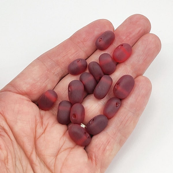 Red manmade beach glass beads, etched flat drops, SRA lampwork, matte satin glass, ready to ship, cherry apple scarlet crimson red