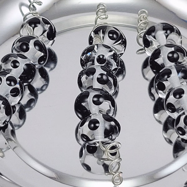 Pick a size! Black dots on clear, set of five beads. SRA handmade lampwork glass spacer. Size 11.5-12.25 mm. Ready to ship.