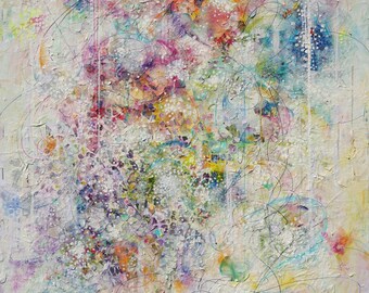 May include: Abstract painting with a white background and colorful swirls, dots, and lines. The painting has a textured surface and a variety of colors, including pink, blue, green, yellow, and orange.