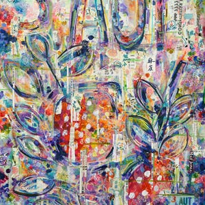 May include: Abstract mixed media artwork with the word "AUT" in large letters. The artwork features a vibrant collage of colors, including red, blue, and yellow, with floral and botanical elements. The background includes text and numbers.