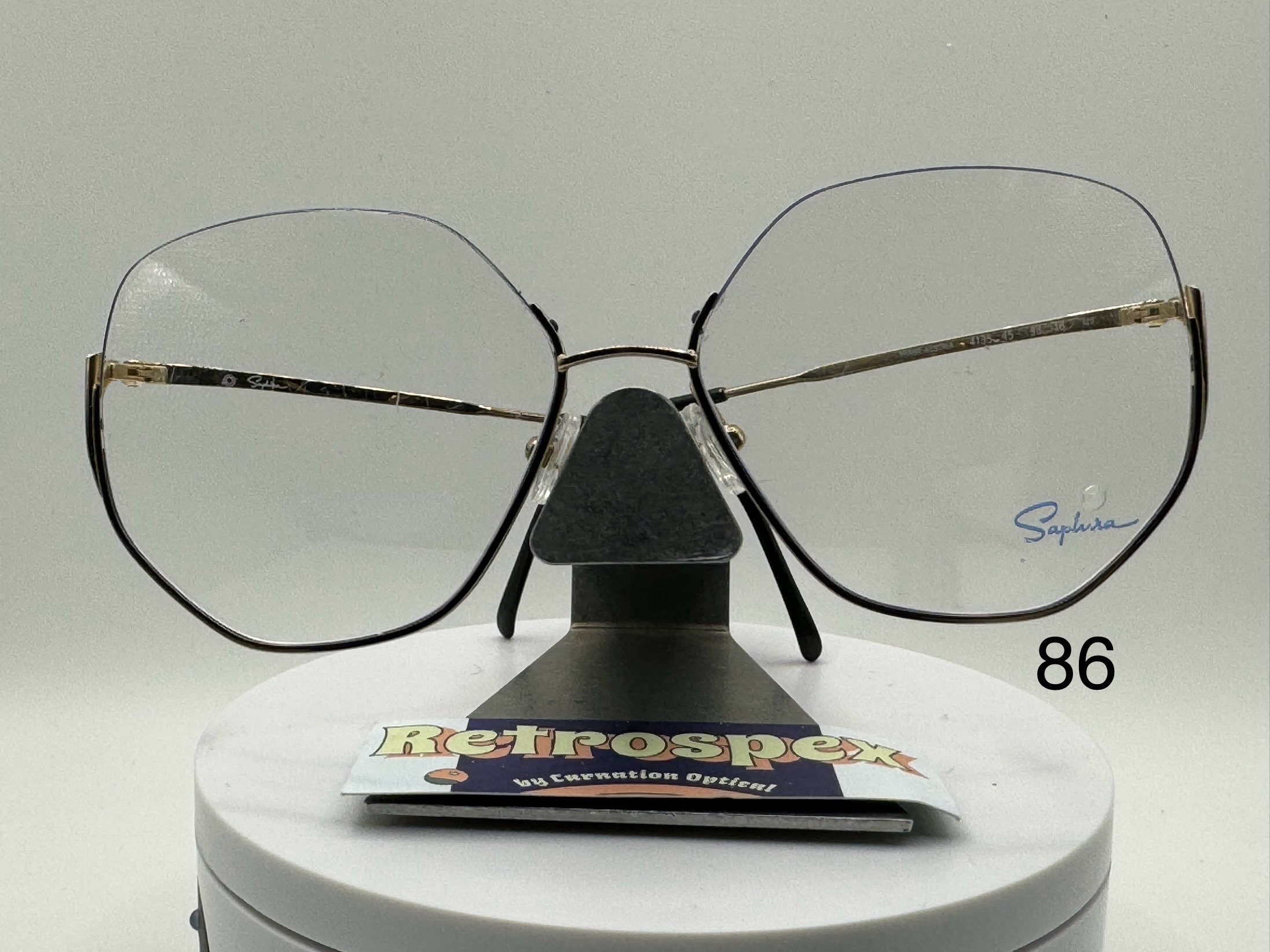 True Vintage Eyeglasses | NOS | Topless Style with Rhinestones | Original Demo Lens | Saphira 4135 | Gold/Blue Frame | #86 | Retro Glasses