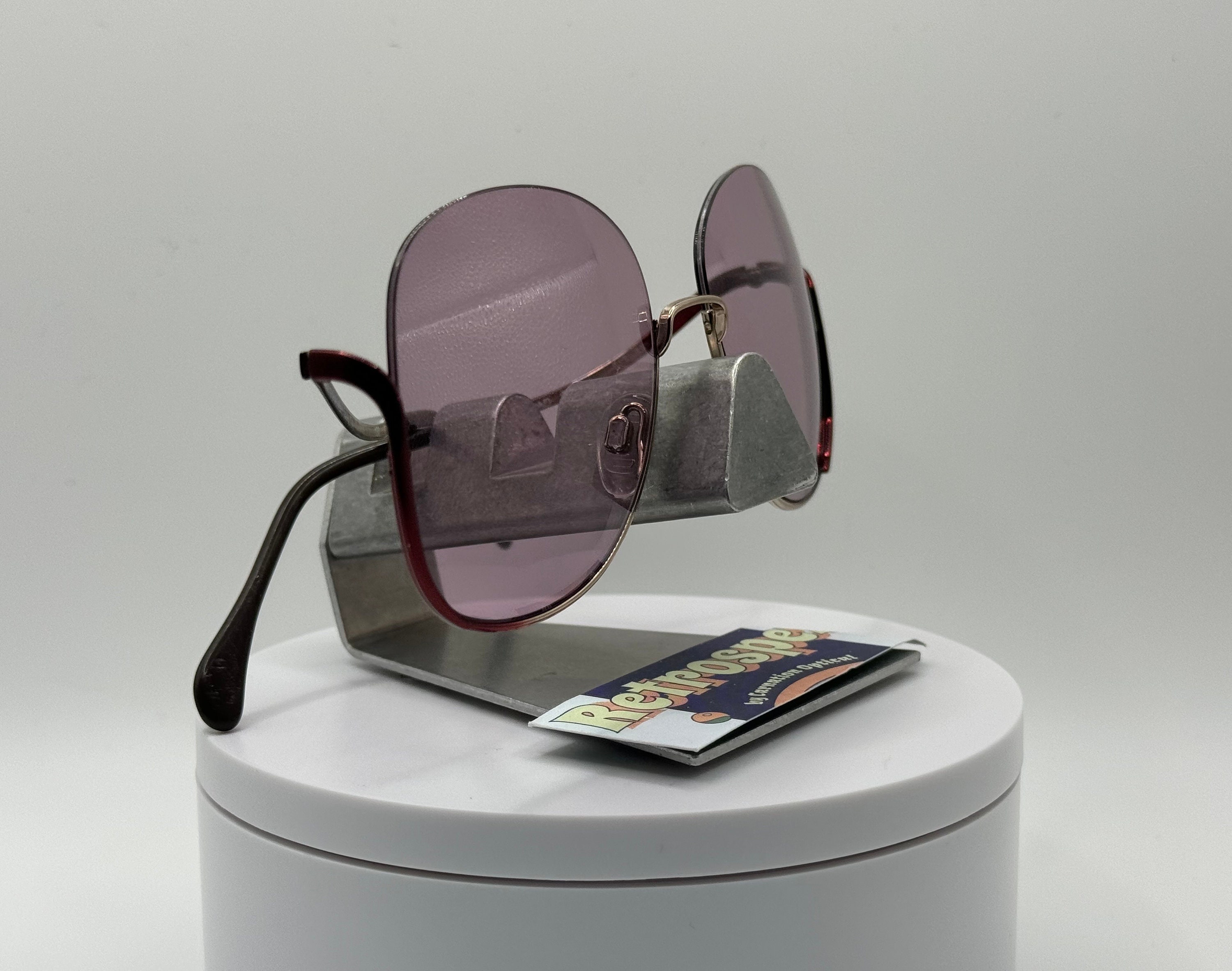 Vintage Oversize Sunglasses NOS Drop Temple Purple Lens Gold/Burgundy Frame 80s Vintage Oversize Sunglasses NOS Drop Temple Purple Lens Gold  main image 3