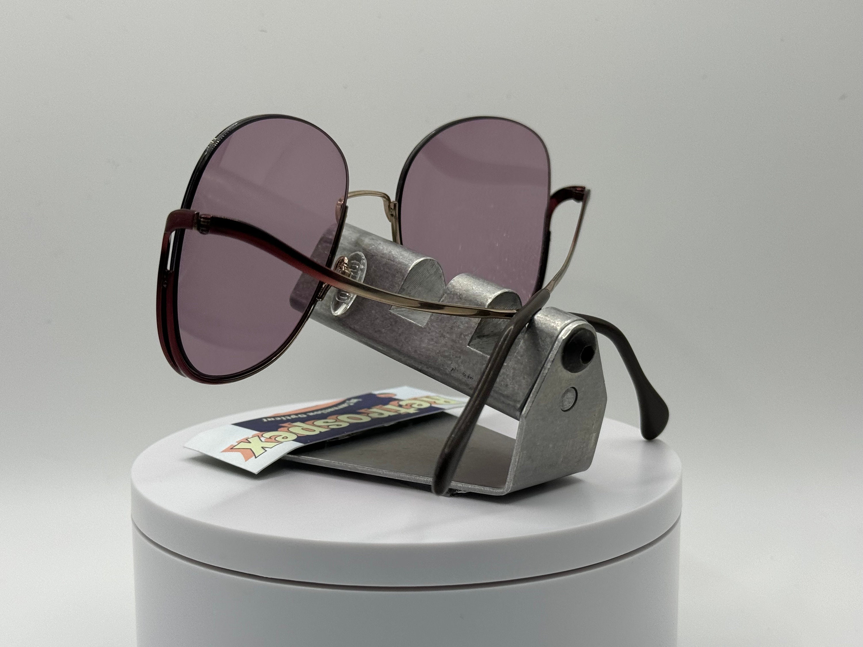 Vintage Oversize Sunglasses NOS Drop Temple Purple Lens Gold/Burgundy Frame 80s Vintage Oversize Sunglasses NOS Drop Temple Purple Lens Gold  main image 4