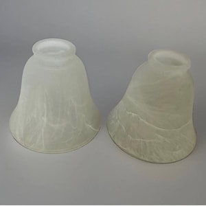 May include: Two bell-shaped lamp shades made of frosted white glass with a subtle, swirling marbled pattern. Each shade features a circular opening at the top for mounting and a wider, flared opening at the bottom to diffuse light effectively.