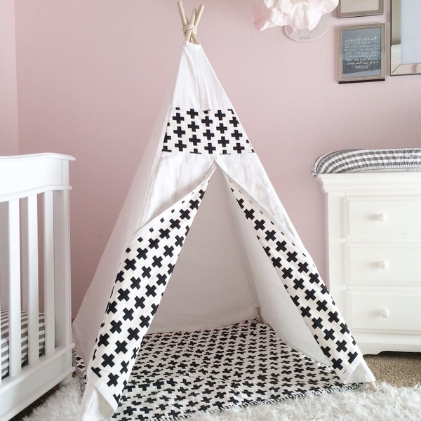 SALE Kids Teepee Play Tent in White Canvas with Black Geo Pop - childrens teepee for playroom, nursery decor, kids room, toddler toy