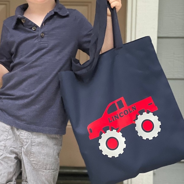 Monster truck tote Personalized with Name, Custom Kindergarten Car Bag, Personalized Big wheel Truck tote for Kinder or TK, Boys School Bag